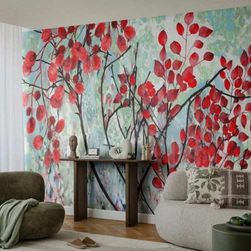 Photo Wallpaper Premium Canvas - Tree in Scarlet - Abstraction, Red Leaves, Branch - 350x256 cm