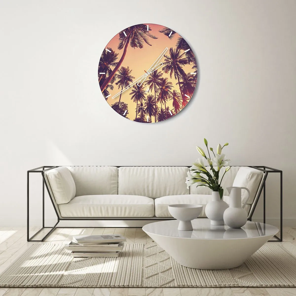 Wall clock - Clock on glass - Palm trees at sunset in warm shades of orange - 30x30cm - Tropical Variation - Modern wall decoration for the living room, kitchen, and bedroom ARTTOR
