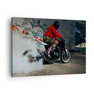 Canvas picture - A motorcyclist performs a spectacular drift in an abandoned building covered in graffiti. - 70x50cm - Catch Me! - Modern wall decoration for the living room and bedroom ARTTOR