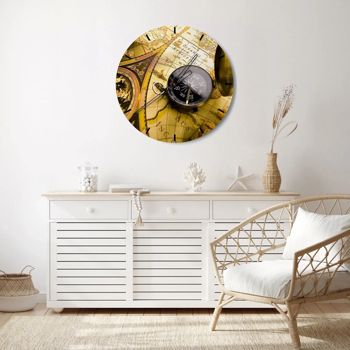 Wall clock - Clock on glass - compass on an old map background - 30x30cm - To the End of the World? - Modern wall decoration for the living room, kitchen, and bedroom ARTTOR