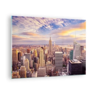 Glass picture - City panorama with skyscrapers at sunset - 70x50cm - Reaching the Clouds - Modern wall decoration for the living room and bedroom ARTTOR