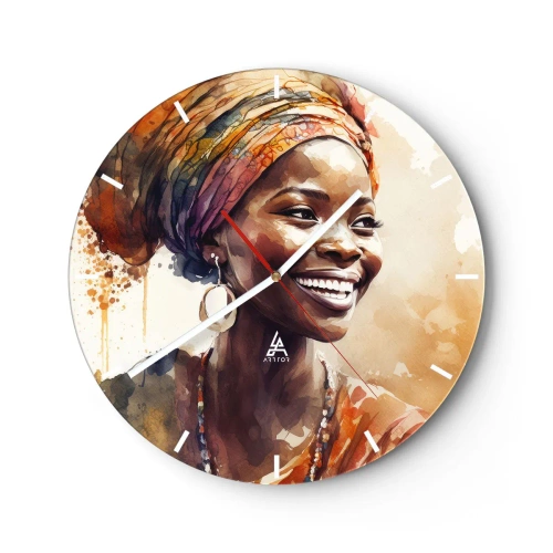 Wall clock - Clock on glass - smiling woman in a turban against a background of watercolor stains. - 30x30cm - African Queen - Modern wall decoration for the living room, kitchen, and bedroom ARTTOR
