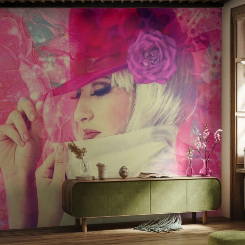 Photo Wallpaper Premium Sand - Retro Portrait in Pink - Woman In A Hat, Flowers, Fashion - 350x256 cm