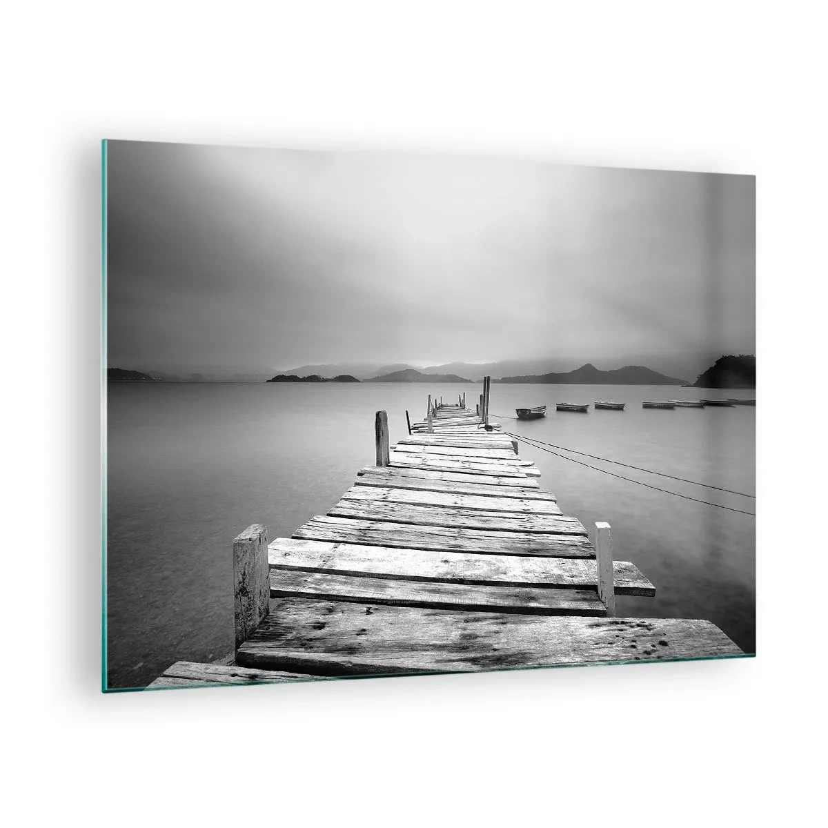Glass picture - Wooden jetty over a calm lake in black and white - 70x50cm - In a Faraway Land - Modern wall decoration for the living room and bedroom ARTTOR