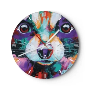 Wall clock - Clock on glass - Colorful portrait of a cat in a painterly style on a white background - 30x30cm - Only Good Emotions - Modern wall decoration for the living room, kitchen, and bedroom ARTTOR