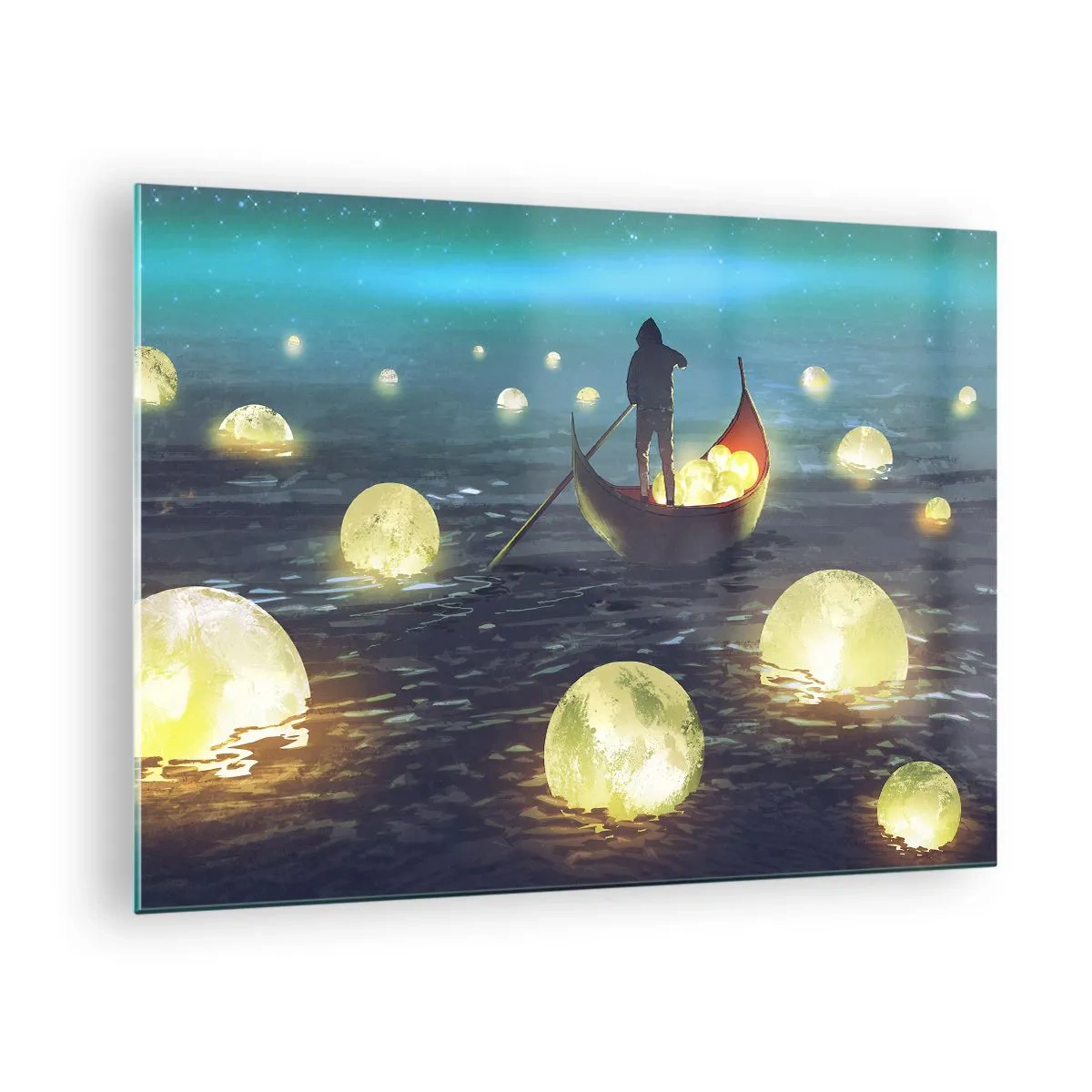 Glass picture - A boat with lanterns on the water in a surreal landscape - 70x50cm - Things that Philosophers Did Not Dream About - Modern wall decoration for the living room and bedroom ARTTOR