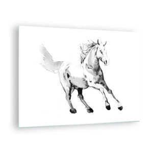 Glass picture - Black and white sketch of a galloping horse on a white background - 70x50cm - Untamed Soul - Modern wall decoration for the living room and bedroom ARTTOR