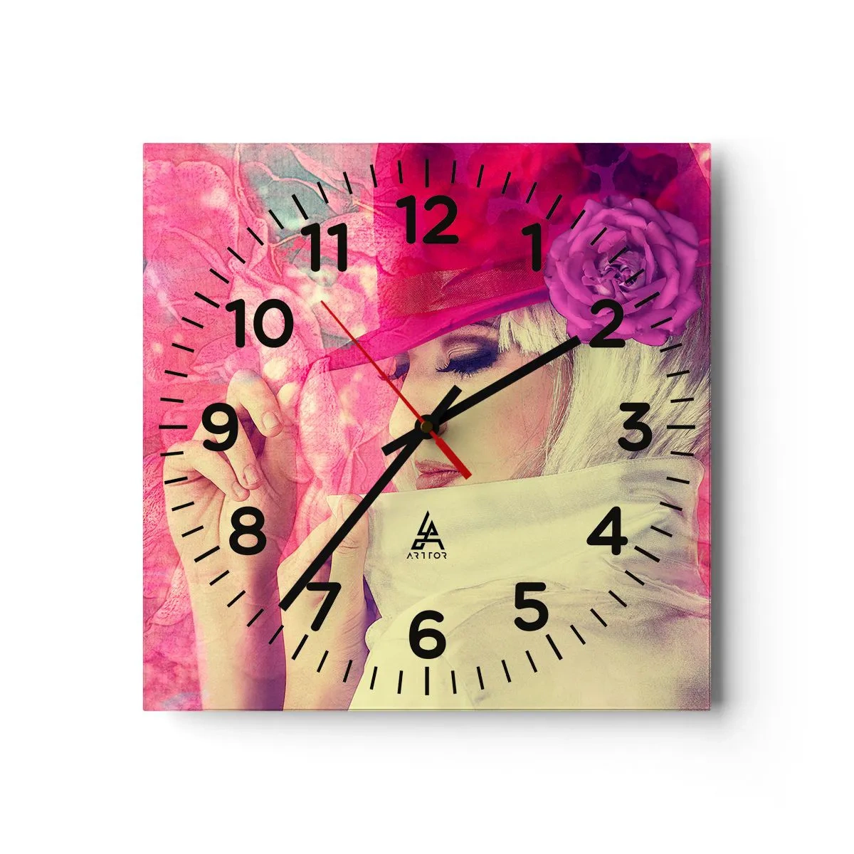 Wall clock - Clock on glass - Retro Portrait in Pink - 40x40 cm