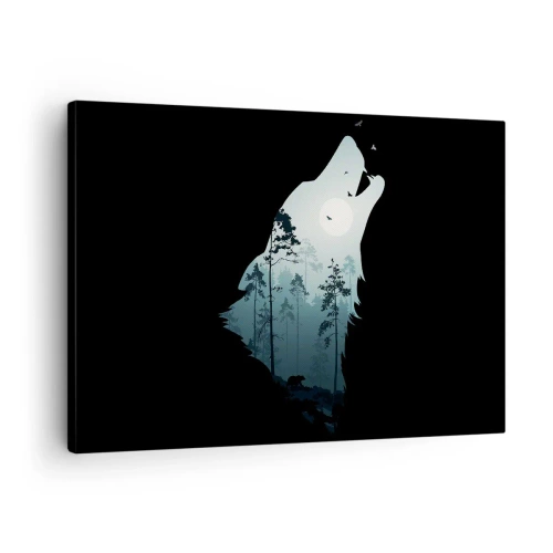 Canvas picture - Silhouette of a wolf with a forest and moon in the background - 70x50cm - Sound of a Night Forest - Modern wall decoration for the living room and bedroom ARTTOR