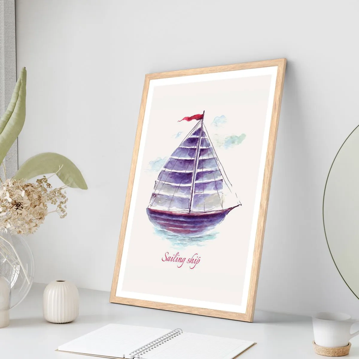 Poster in light oak frame - Full Sails And Calm Waters - 50x70 cm