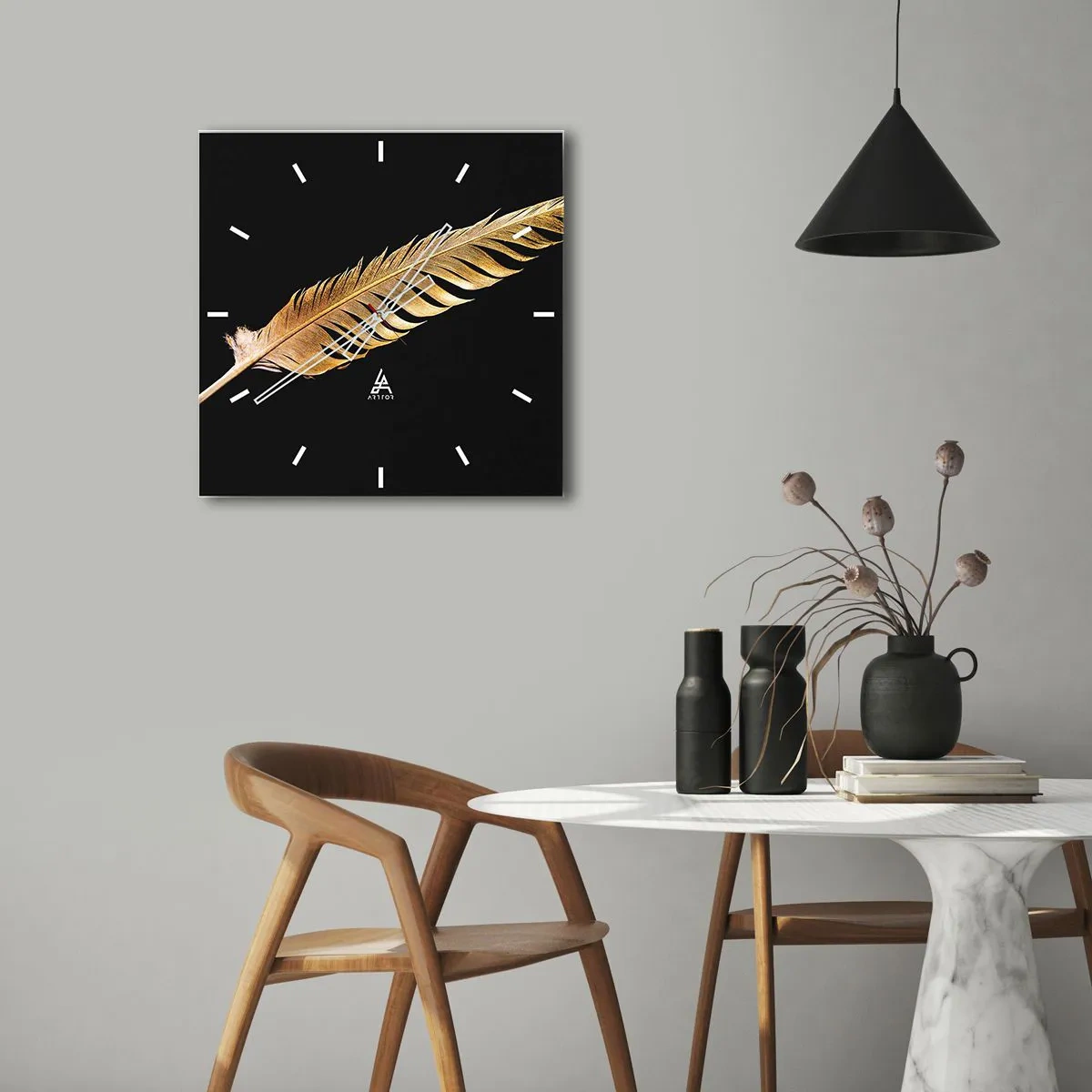 Wall clock - Clock on glass - High-Class Feather - 30x30 cm