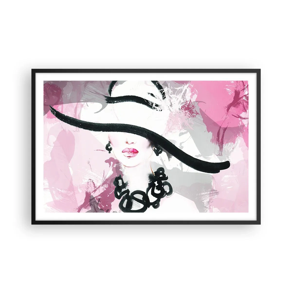 Poster in black frame - Portrait of a Lady in Black and Pink - 91x61 cm