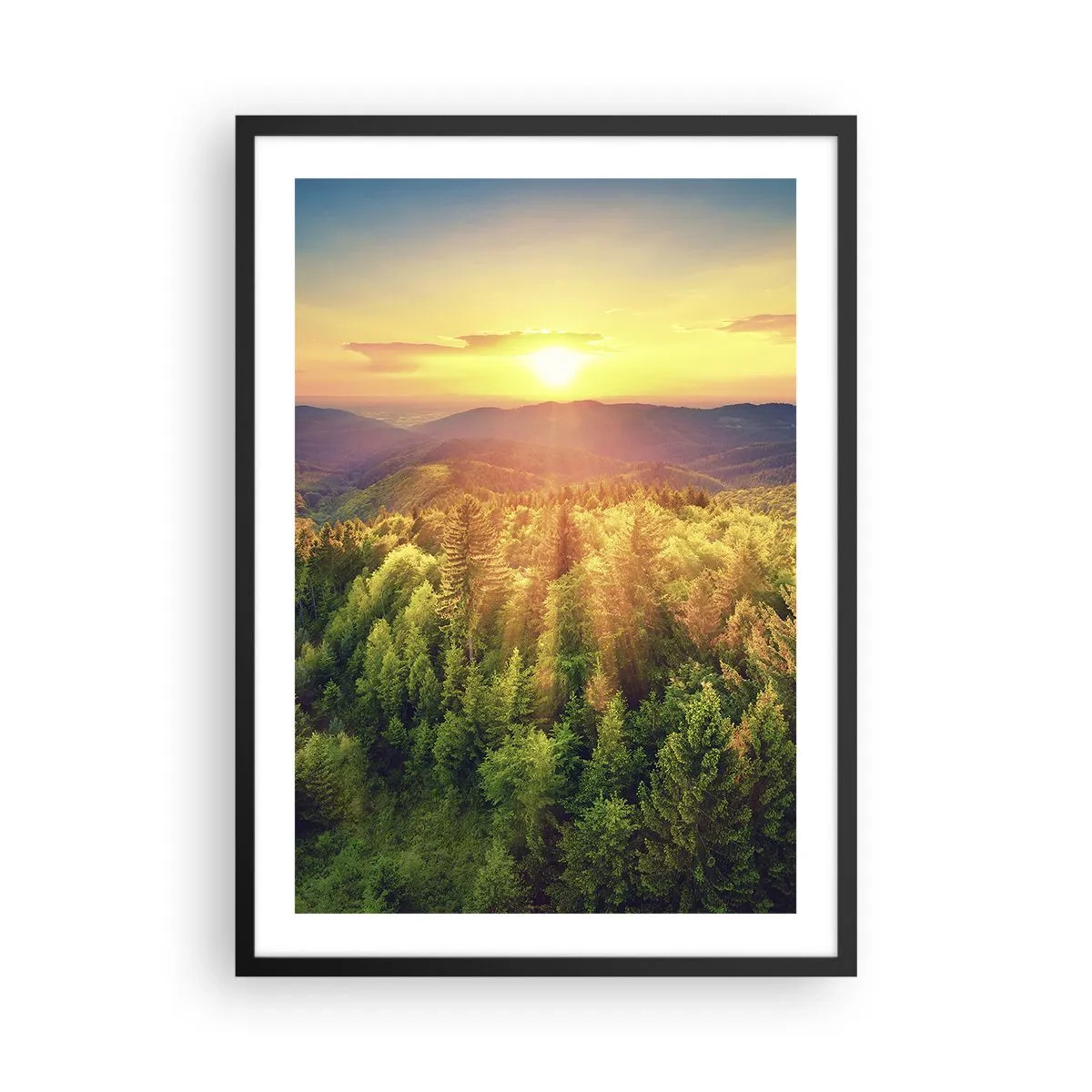Poster in black frame - Sunset over a mountainous forest full of greenery - 50x70cm - Peaks and Summits - Modern wall decoration for the living room and bedroom ARTTOR