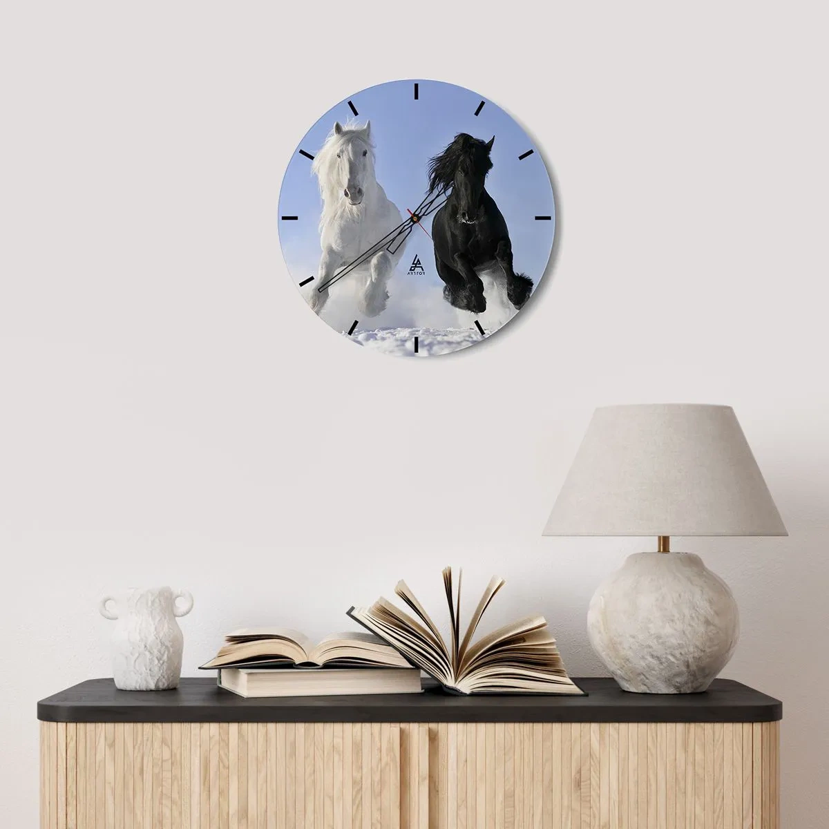 Wall clock - Clock on glass - Black and White Gallop - 30x30 cm