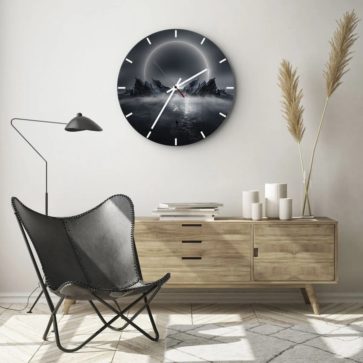 Wall clock - Clock on glass - Futuristic landscape with eclipse and sharp rocks - 30x30cm - The End of a Story - Modern wall decoration for the living room, kitchen, and bedroom ARTTOR