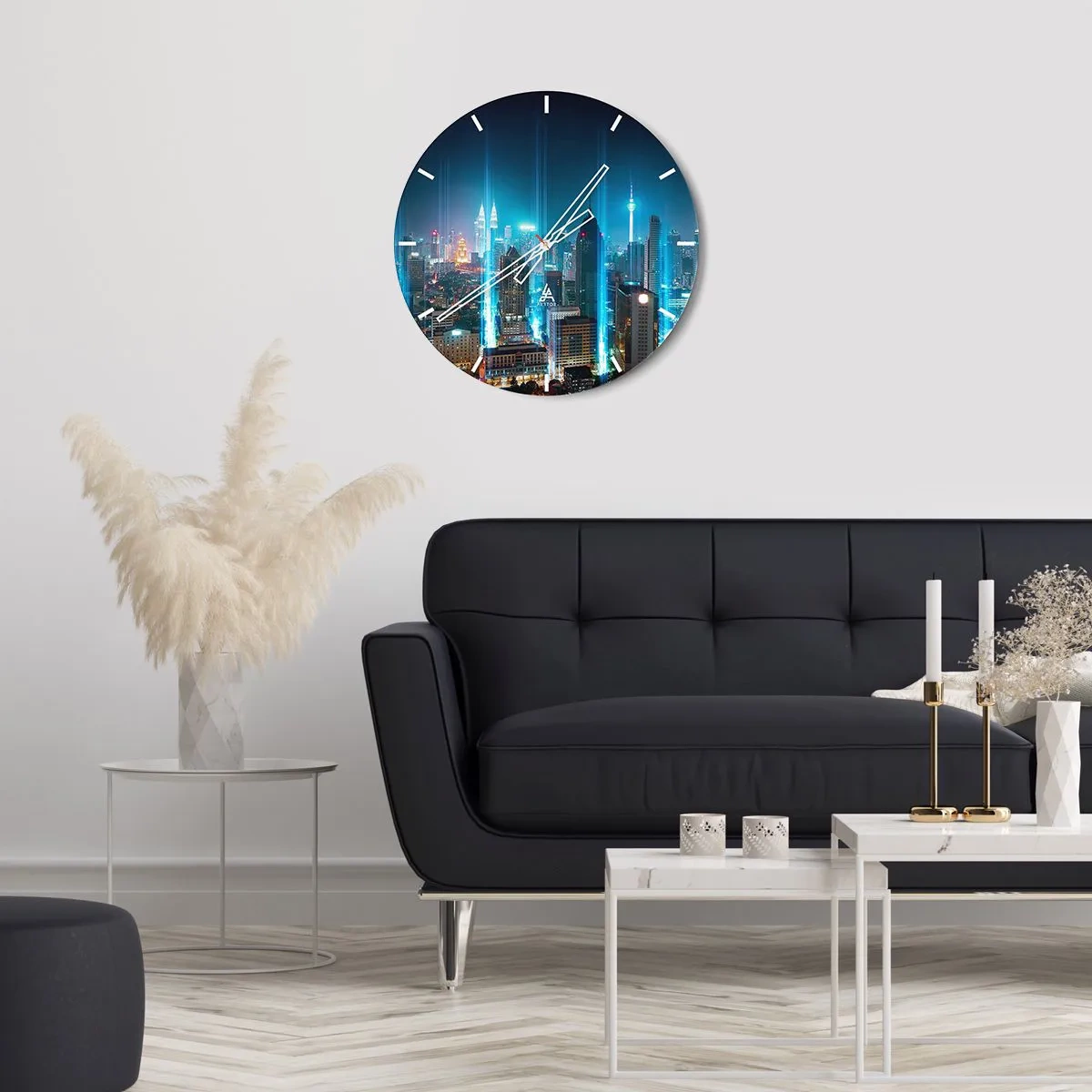 Wall clock - Clock on glass - Night city with illuminated skyscrapers - 30x30cm - Berlin Lights - Modern wall decoration for the living room, kitchen, and bedroom ARTTOR