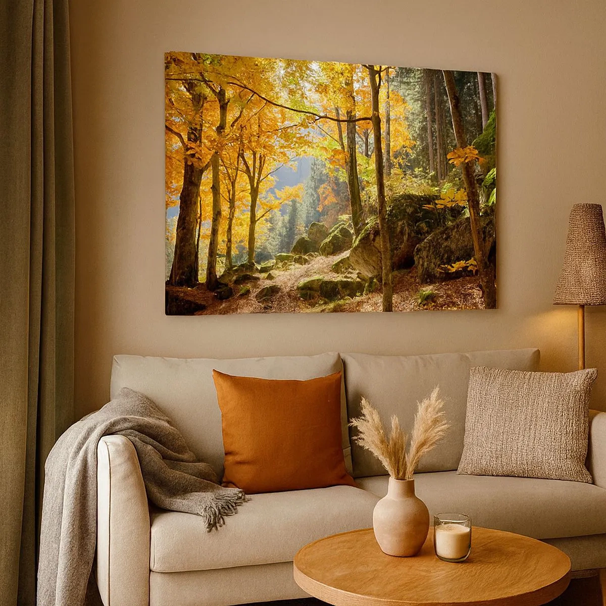 Canvas picture - An autumn forest full of golden leaves and sunlight - 70x50cm - Time for Rest - Modern wall decoration for the living room and bedroom ARTTOR