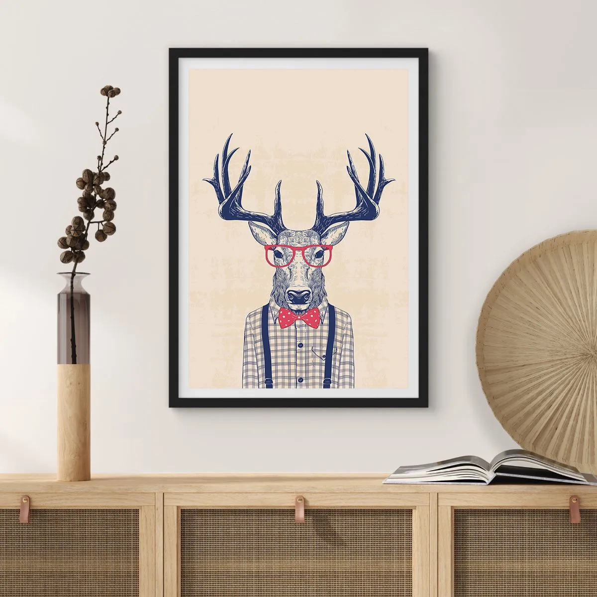 Poster in black frame - Stylish deer with glasses and a bow tie on a beige background - 50x70cm - Fun Extravagance - Modern wall decoration for the living room and bedroom ARTTOR