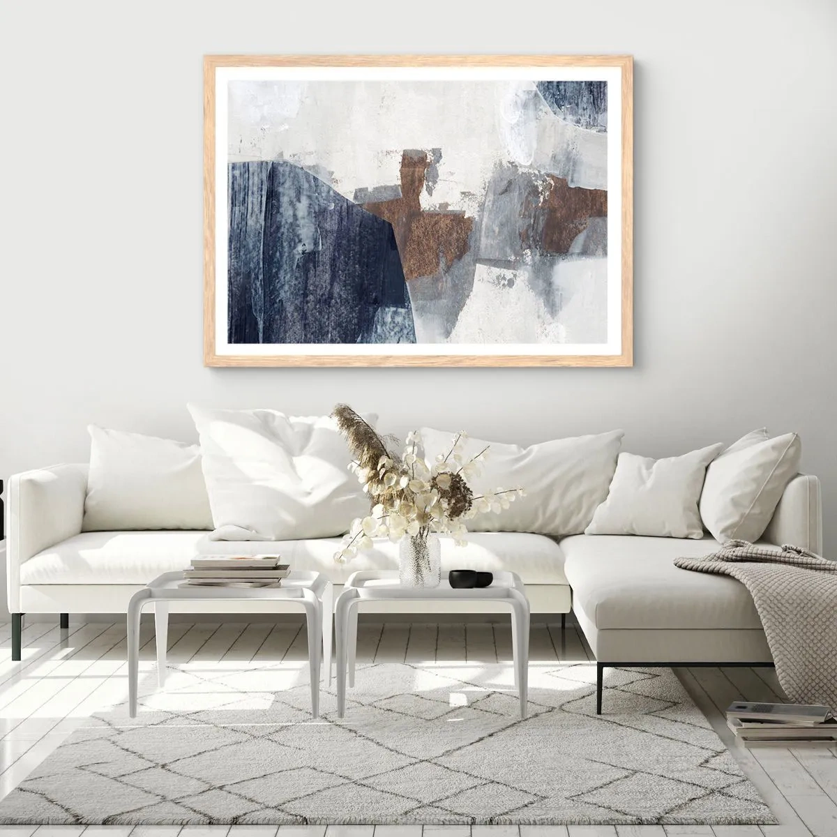 Poster in light oak frame - Blue and Brown Shapes - 91x61 cm