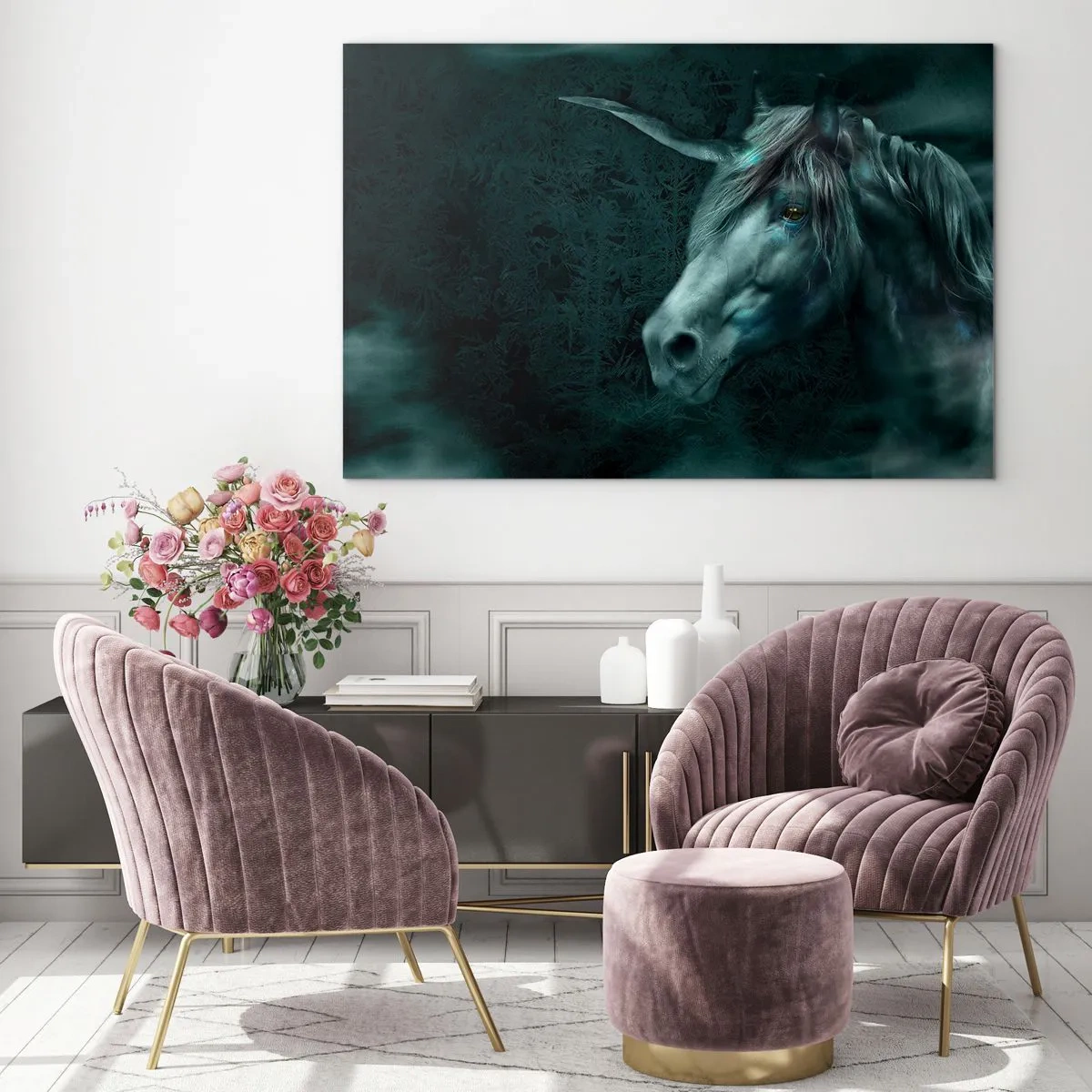 Glass picture - Unicorn in the Mysterious Forest - 70x50cm - In an Enchanted Forest - Modern wall decoration for the living room and bedroom ARTTOR
