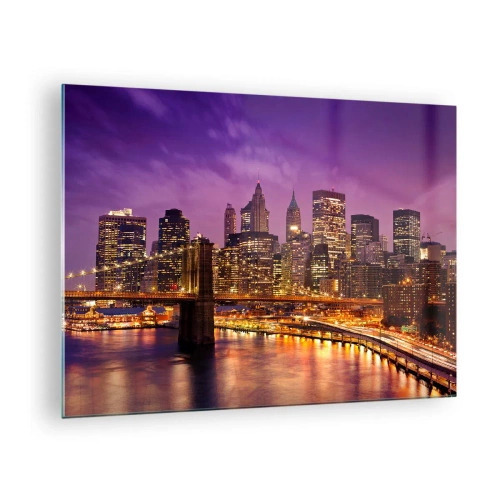 Glass picture - Evening view of New York with the Brooklyn Bridge - 70x50cm - Violet and Gold Manhattan - Modern wall decoration for the living room and bedroom ARTTOR