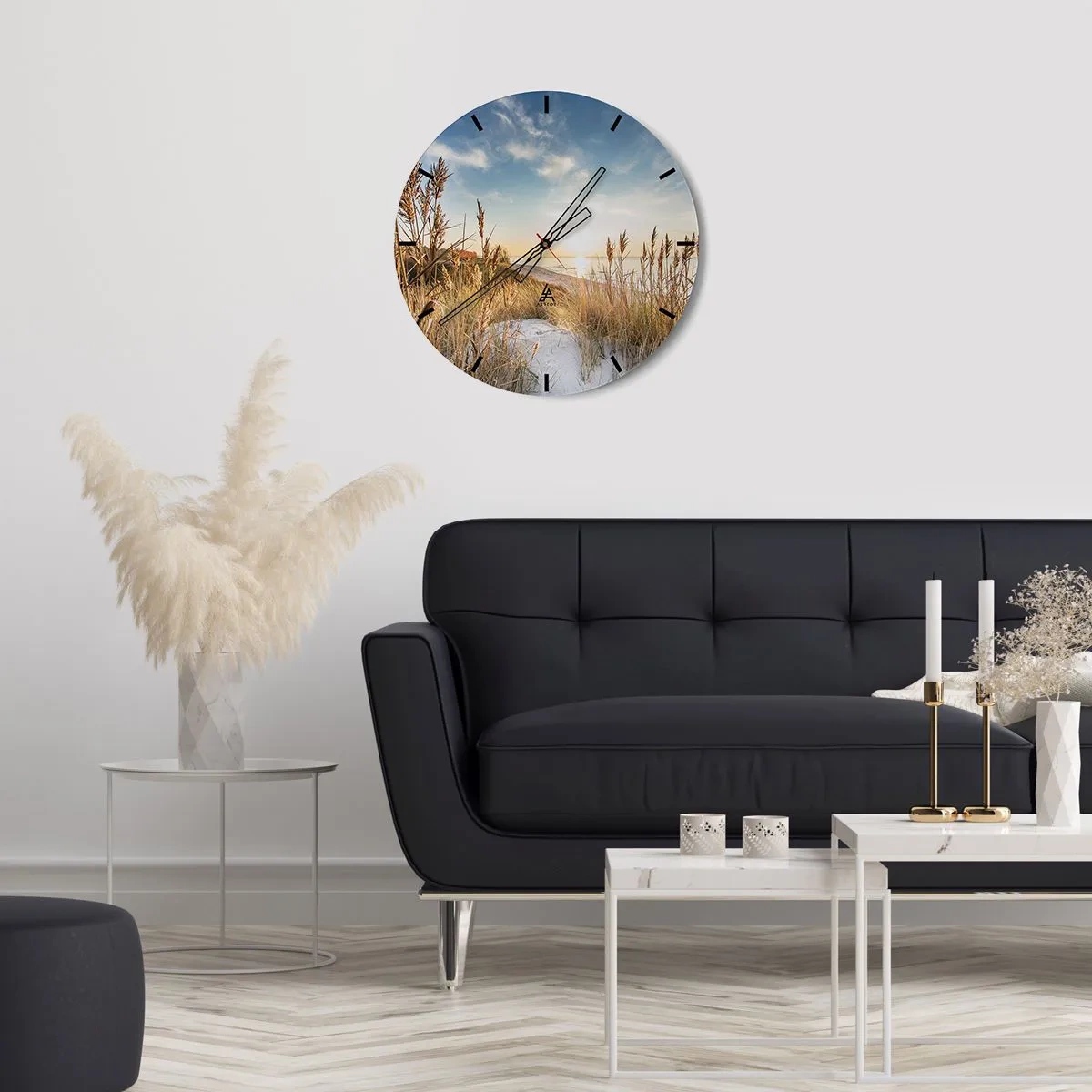 Wall clock - Clock on glass - sandy beach with grasses illuminated by the sun's rays - 30x30cm - Northern Beach - Modern wall decoration for the living room, kitchen, and bedroom ARTTOR