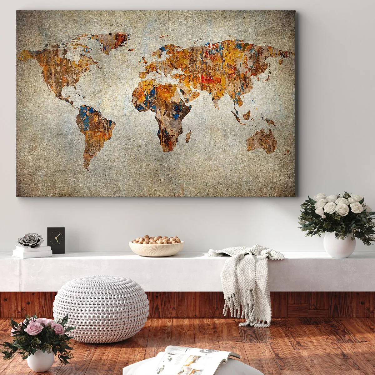 Canvas picture - Vintage world map with colorful accents - 70x50cm - Really Big World - Modern wall decoration for the living room and bedroom ARTTOR