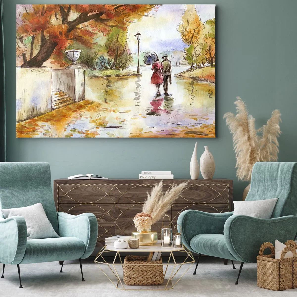 Canvas picture - walk in the autumn park with an umbrella - 70x50cm - Romantic Autumn in a Park - Modern wall decoration for the living room and bedroom ARTTOR