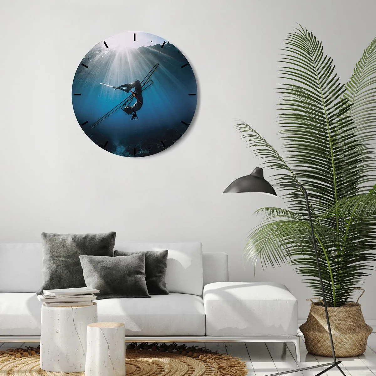 Wall clock - Clock on glass - Silhouette of a woman floating in the water in the sun's rays - 30x30cm - Underwater dance - Modern wall decoration for the living room, kitchen, and bedroom ARTTOR