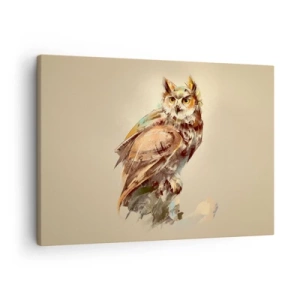 Canvas picture - Artistic portrait of an owl against a light background in warm shades. - 70x50cm - The Wisest Owl - Modern wall decoration for the living room and bedroom ARTTOR