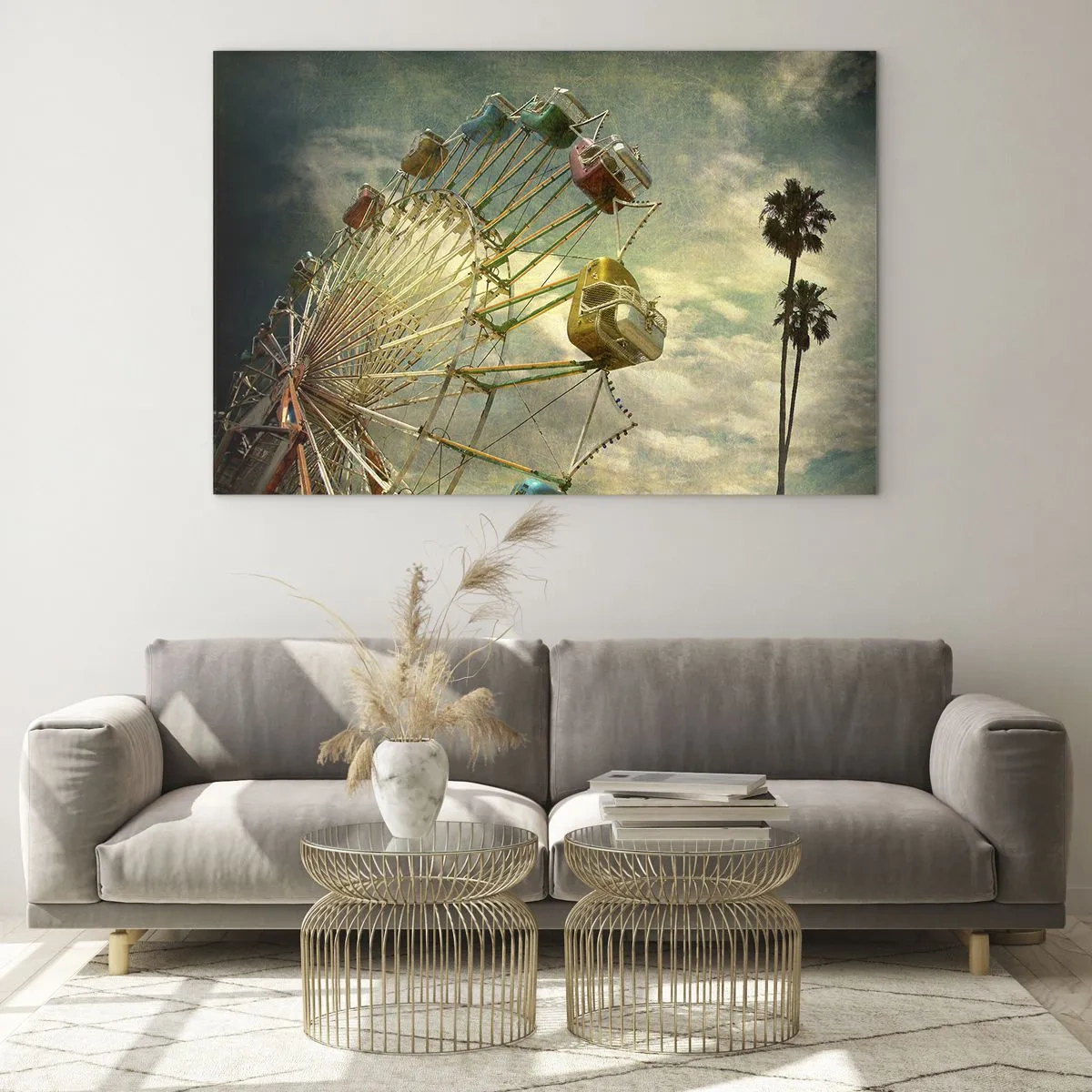 Glass picture - A Ferris wheel against the sky and palm trees in a retro style - 70x50cm - There Will Be Fun… - Modern wall decoration for the living room and bedroom ARTTOR