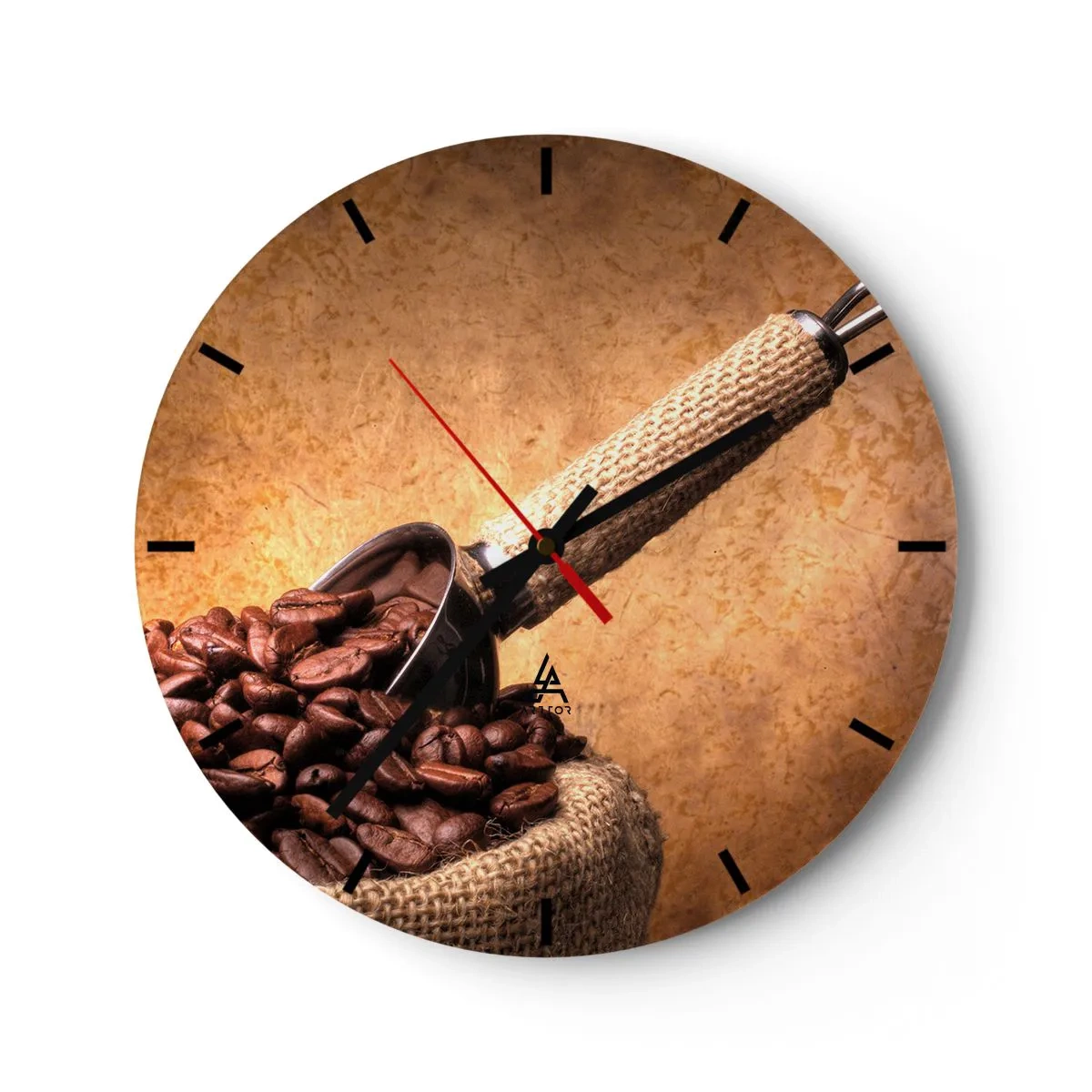 Wall clock - Clock on glass - Coffee beans in a bag with a measuring cup on a brown background - 30x30cm - Grain of Flavour - Modern wall decoration for the living room, kitchen, and bedroom ARTTOR