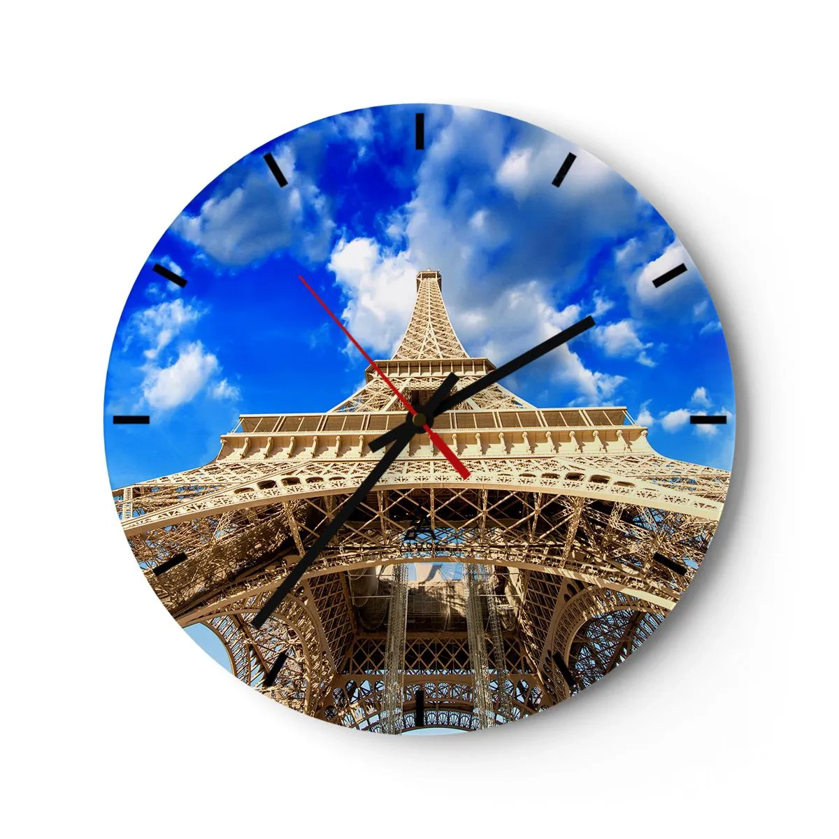 Wall clock - Clock on glass - The Eiffel Tower from below against a blue sky - 30x30cm - Reaching Sky and Clouds - Modern wall decoration for the living room, kitchen, and bedroom ARTTOR