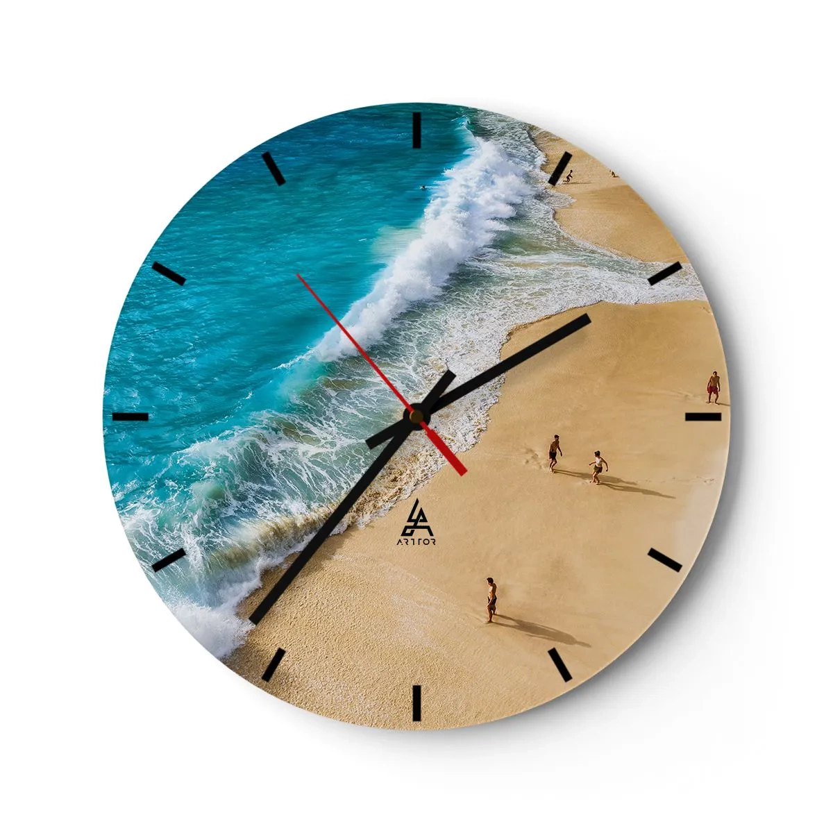 Wall clock - Clock on glass - A sandy beach with turquoise waves and people walking around - 30x30cm - And Next the Sun, Beach… - Modern wall decoration for the living room, kitchen, and bedroom ARTTOR
