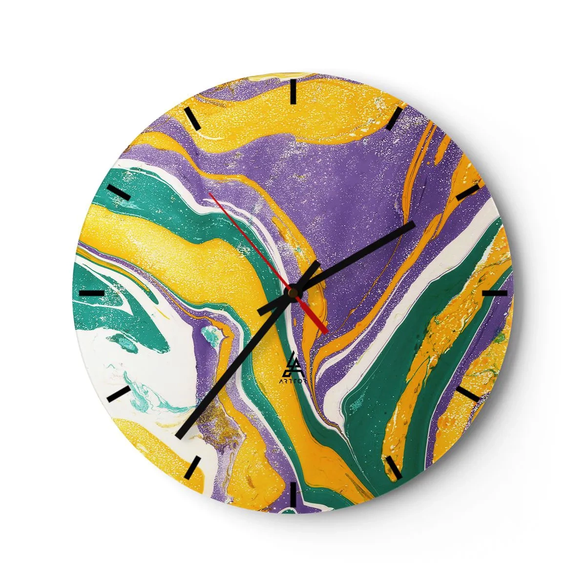 Wall clock - Clock on glass - Abstract patterns in shades of purple, yellow and green - 30x30cm - Colour Waves - Modern wall decoration for the living room, kitchen, and bedroom ARTTOR