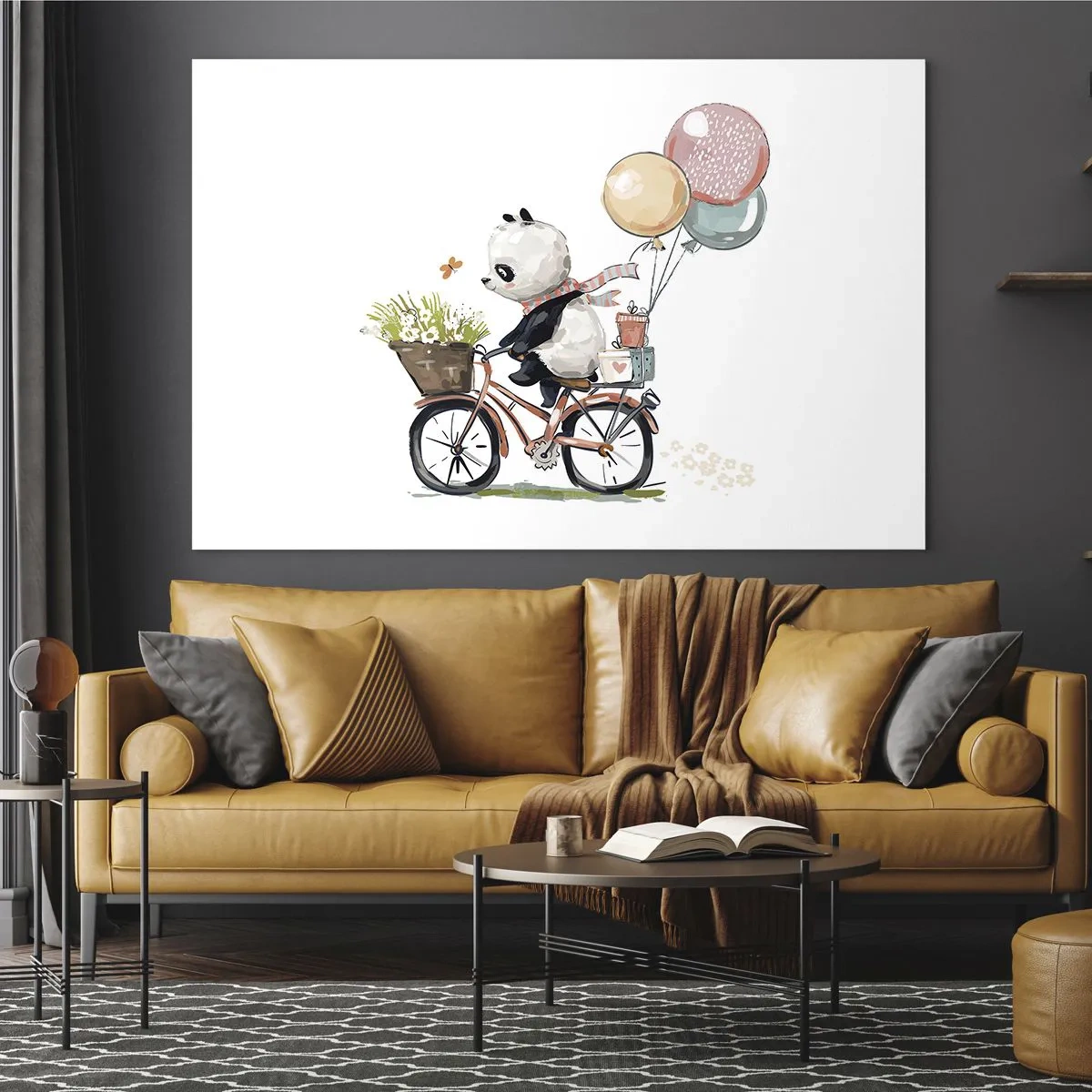 Glass picture - A panda riding a bike with balloons and a basket of flowers. - 70x50cm - Lucky Day - Modern wall decoration for the living room and bedroom ARTTOR