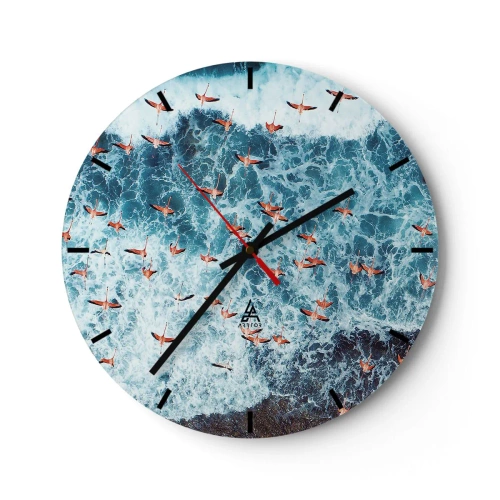 Wall clock - Clock on glass - A flock of flamingos over the sea waves seen from a bird's eye view - 30x30cm - Seaside Parade - Modern wall decoration for the living room, kitchen, and bedroom ARTTOR