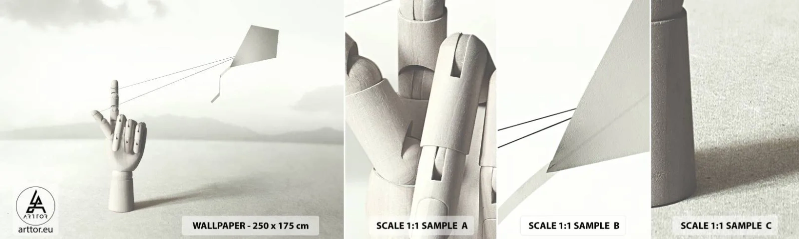 Photo Wallpaper Sample Self-Adhesive Deluxe Sticker - Test of Strengths - Abstraction, Hand, Kite - 100x30 cm