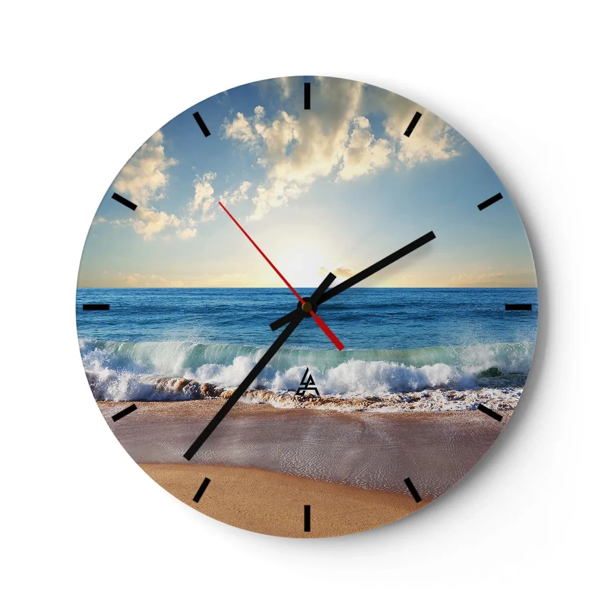 Wall clock - Clock on glass - Beach in the morning with waves and sunny skies - 30x30cm - Moving Still - Modern wall decoration for the living room, kitchen, and bedroom ARTTOR