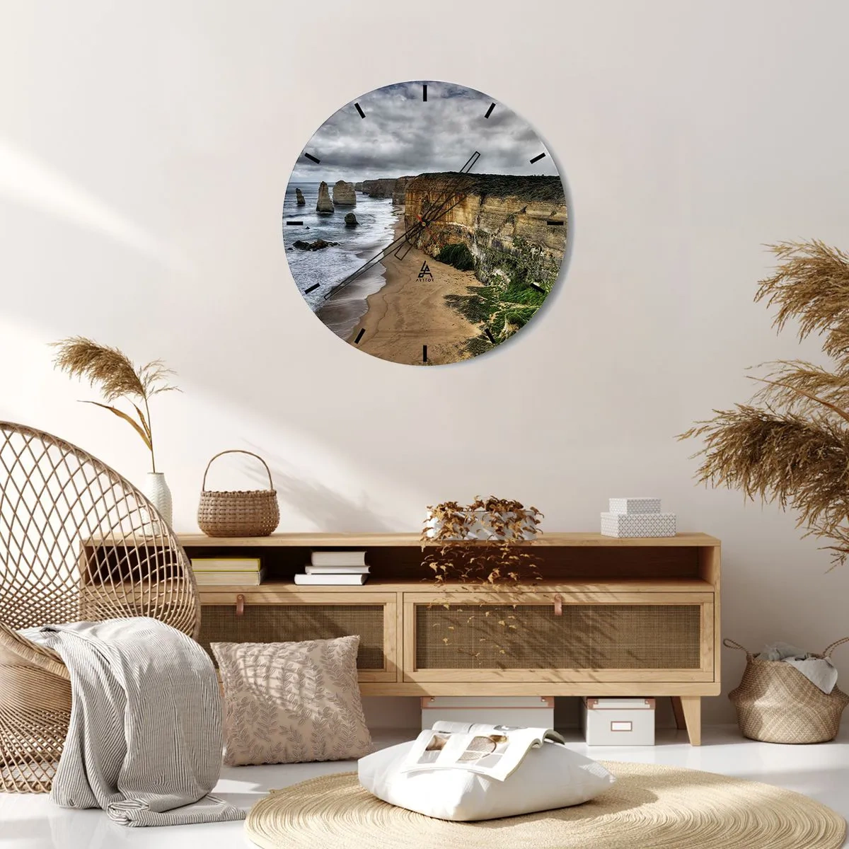 Wall clock - Clock on glass - Coast with cliffs and a beach - 30x30cm - Raw Beauty - Modern wall decoration for the living room, kitchen, and bedroom ARTTOR