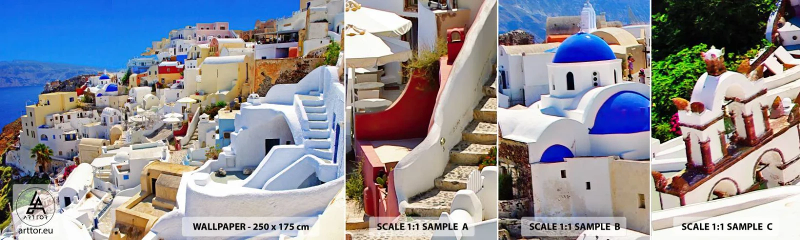 Photo Wallpaper Sample Standard Eco - Draming of a Greek Summer - Architecture, Landscape, Santorini - 100x30 cm