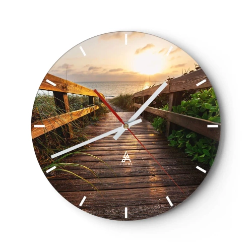 Wall clock - Clock on glass - Wooden jetty leading to the beach at sunset - 30x30cm - Straigh to the Shore - Modern wall decoration for the living room, kitchen, and bedroom ARTTOR