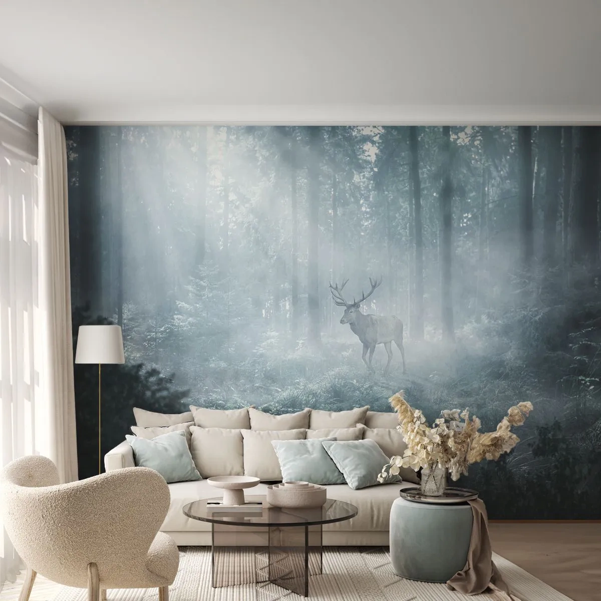 Photo Wallpaper Premium Sand - Morning Round of the Estate - Landscape, Forest, Deer - 350x256 cm