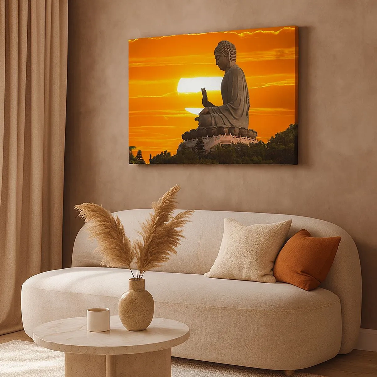 Canvas picture - A Buddhist statue against the backdrop of an orange sunset - 70x50cm - Facing the World - Modern wall decoration for the living room and bedroom ARTTOR