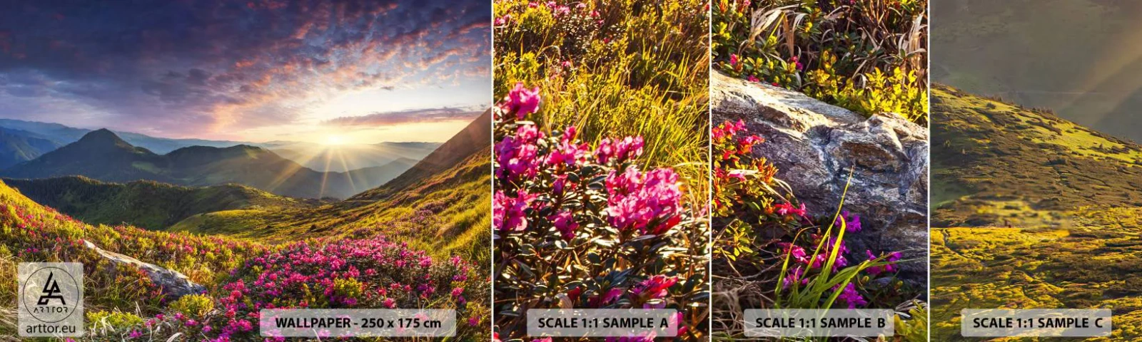 Photo Wallpaper Sample Self-Adhesive Deluxe Sticker - Freshness of Mountain Morning - Landscape, Mountains, Flowers - 100x30 cm