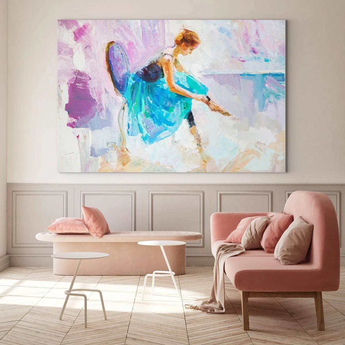 Glass picture - A ballerina in a blue dress against an impressionist background - 70x50cm - Unspeakable Grace, Subtle Charm - Modern wall decoration for the living room and bedroom ARTTOR