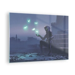 Glass picture - A figure in the dark surrounded by floating green birds - 70x50cm - Life Will Be Restored - Modern wall decoration for the living room and bedroom ARTTOR
