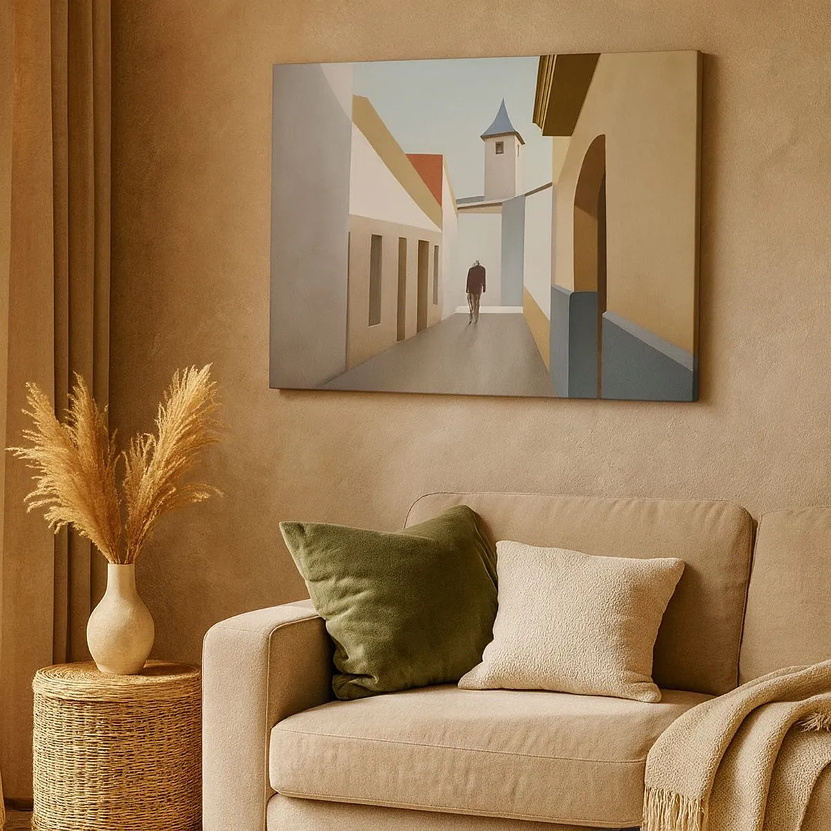 Canvas picture - A minimalist street with a silhouette of a man in the background - 70x50cm - Sunny Walk - Modern wall decoration for the living room and bedroom ARTTOR