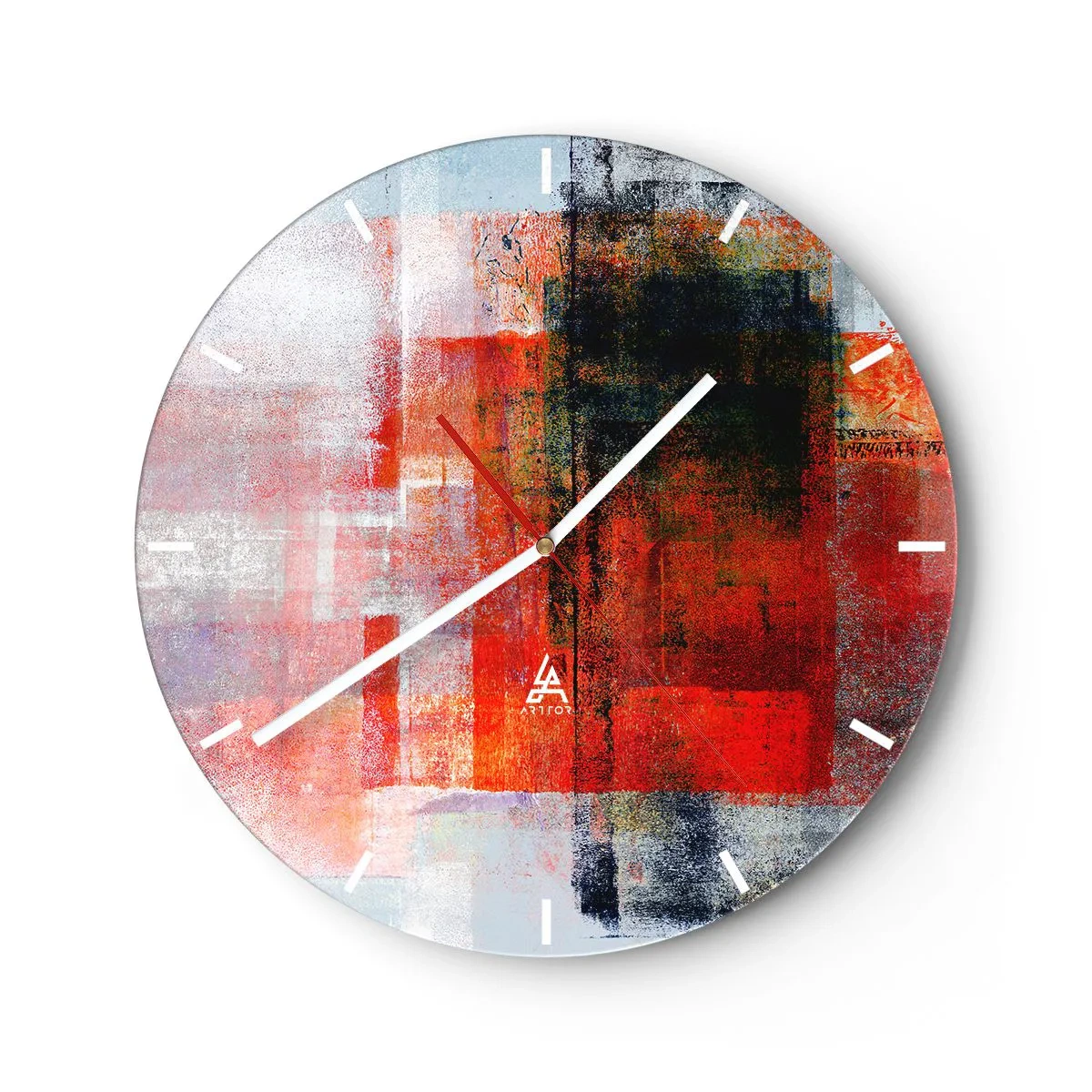 Wall clock - Clock on glass - Abstract geometric forms in shades of red - 30x30cm - Glowing Composition - Modern wall decoration for the living room, kitchen, and bedroom ARTTOR