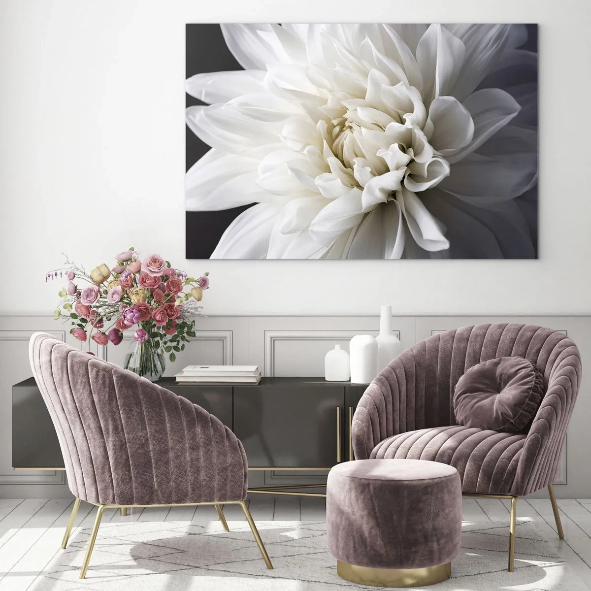 Glass picture - A close-up of a white dahlia on a black and gray background - 70x50cm - Bride's Morning - Modern wall decoration for the living room and bedroom ARTTOR